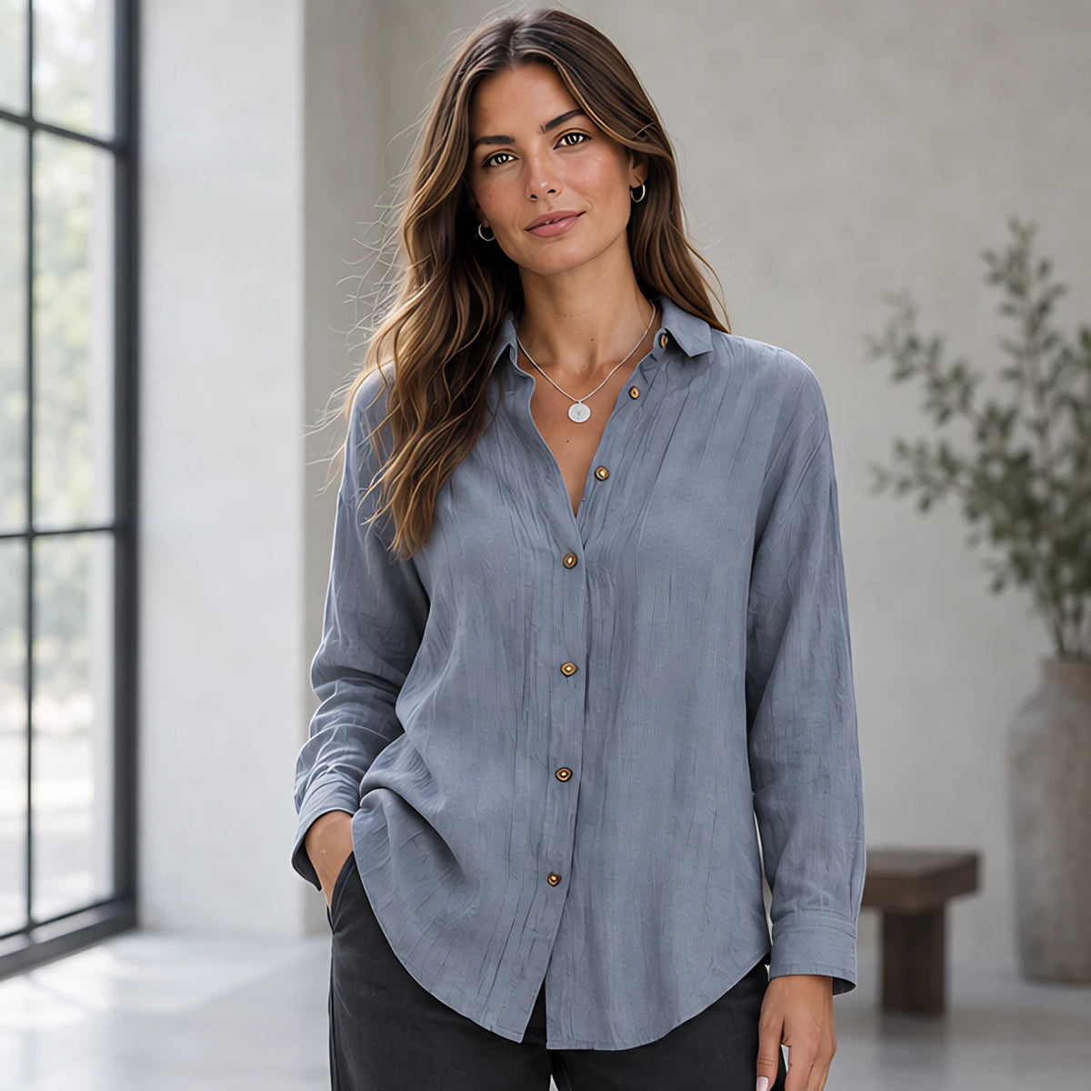 Ileana Women's Relaxed-Fit Long Sleeve Shirt - Grey - Women's Clothing > Tops > Long Sleeve Shirts - Brondals - Image 1