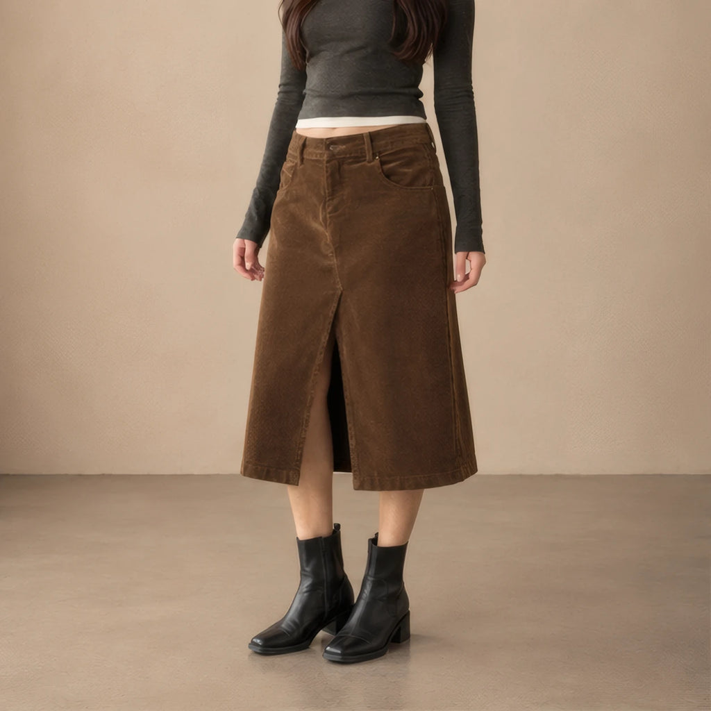 Iolanthe High-Waisted Corduroy Flared Midi Skirt - Brown Color - Women's Clothing > Skirts > Midi Skirts - Brondals - Image 1