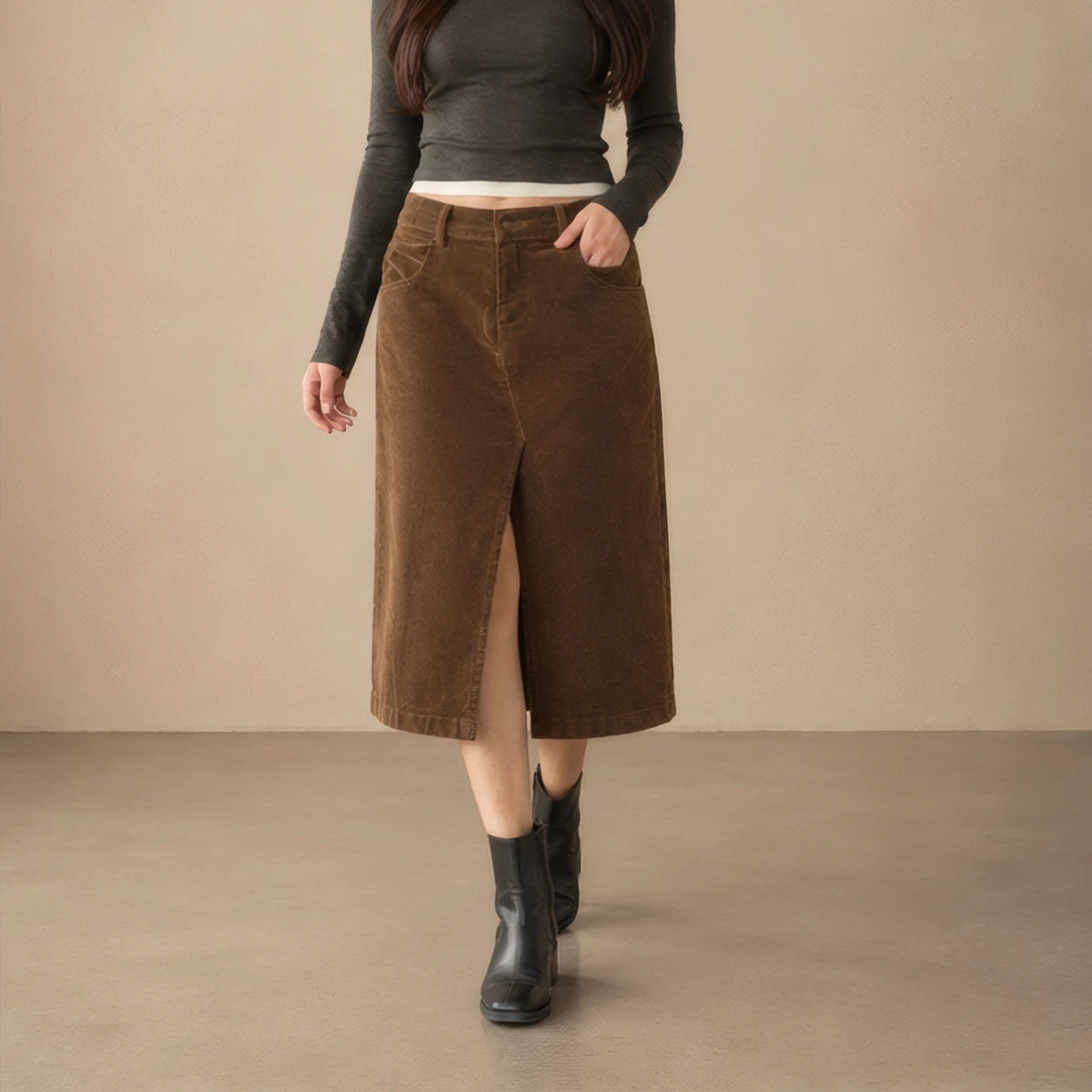 Iolanthe High-Waisted Corduroy Flared Midi Skirt - Brown Color - Catalog Group: Clothing - Brondals - Image 2