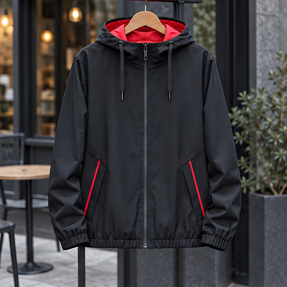 Isidore Men's Lightweight Technical Hooded Windbreaker Jacket - Black Red - hoodie - Brondals - Image 3