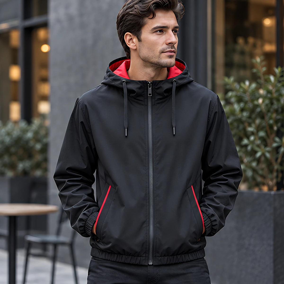 Isidore Men's Lightweight Technical Hooded Windbreaker Jacket - Black Red - Men's Clothing > Outerwear > Windbreaker Jackets - Brondals - Image 1
