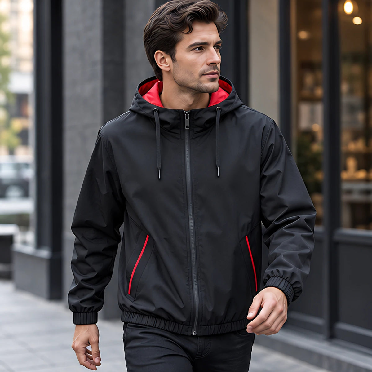 Isidore Men's Lightweight Technical Hooded Windbreaker Jacket - Black Red - discount-eligible - Brondals - Image 2