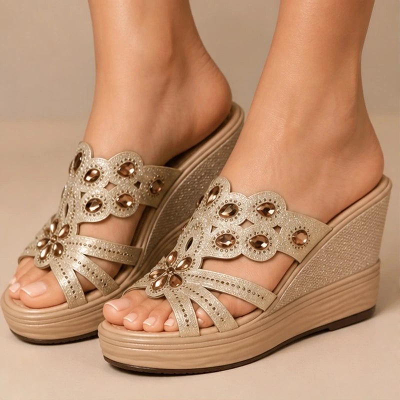 Janelle Rhinestone Wedge Sandals - Champagne - wedge sandals - Brondals - Image 3