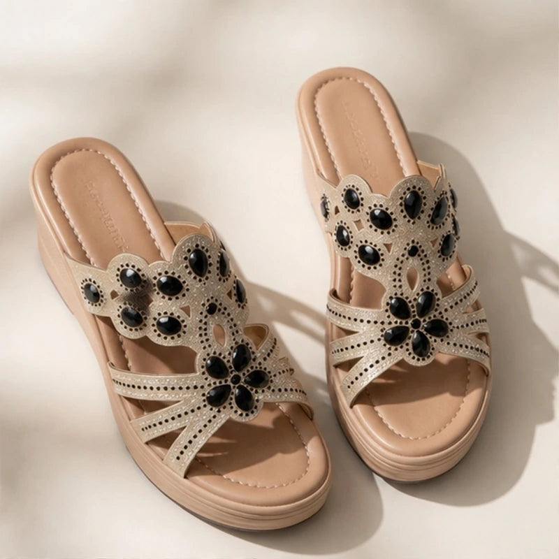 Janelle Rhinestone Wedge Sandals - Onyx - Heels - Brondals - Image 1
