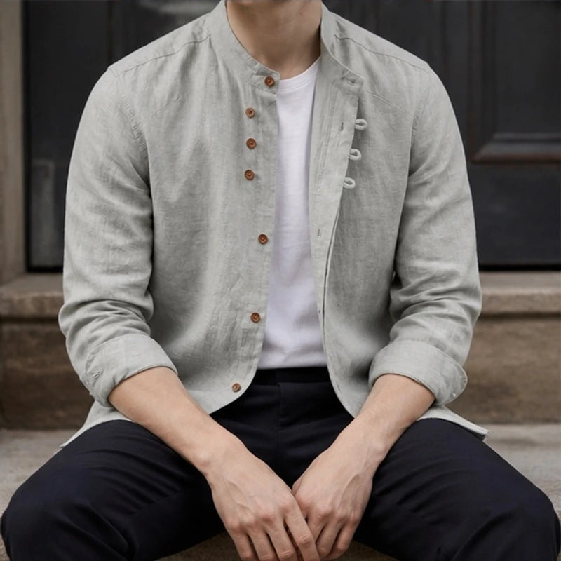 Jasper Mandarin Collar Linen Shirt - Heather Gray - Shirt - Brondals - Image 1