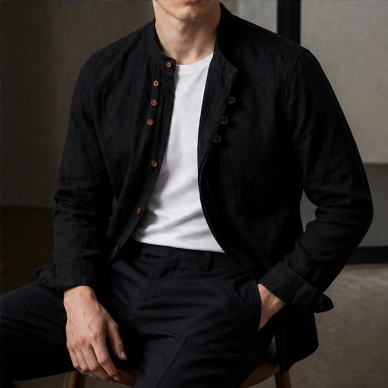 Jasper Mandarin Collar Linen Shirt - Black - linen shirt - Brondals - Image 2