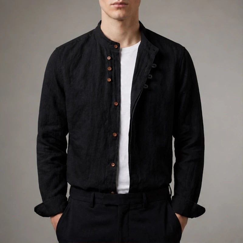 Jasper Mandarin Collar Linen Shirt - Black - Shirt - Brondals - Image 1