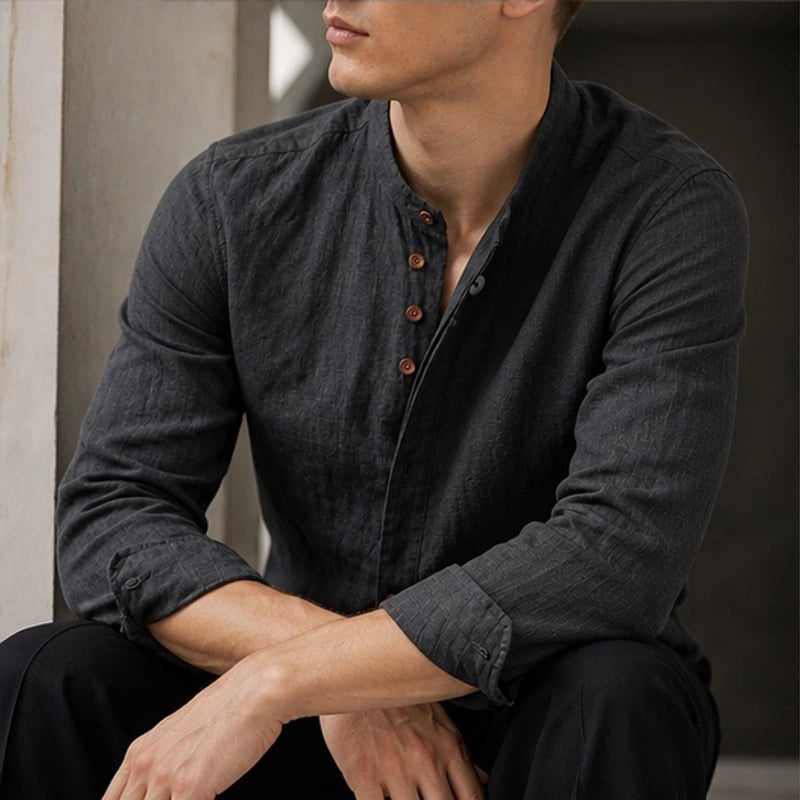 Jasper Mandarin Collar Linen Shirt - Charcoal Gray - Shirt - Brondals - Image 1