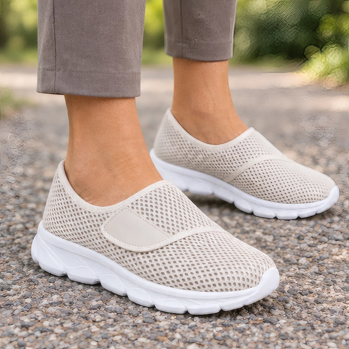 Jemima Womens' Orthopedic Breathable Mesh Slip-On Shoes - Beige - Footwear > Walking Shoes > Adjustable Slip-On Shoes - Brondals - Image 1