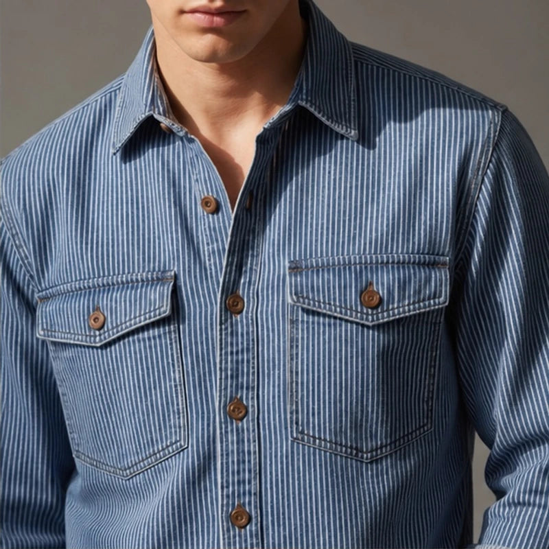 Jensen Striped Vintage Denim Shirt - Light Denim Blue - striped shirt - Brondals - Image 4