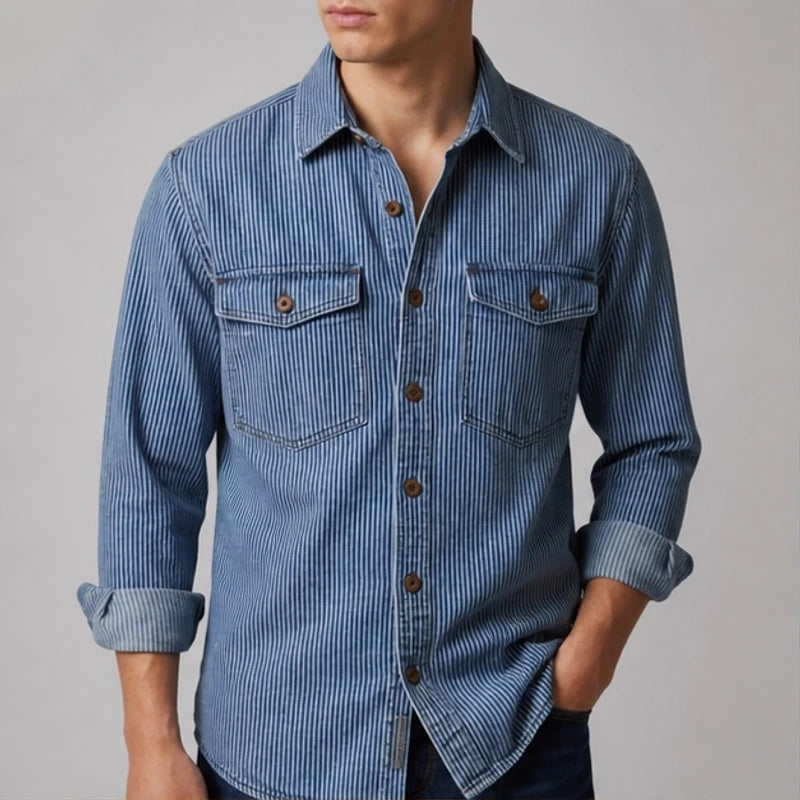 Jensen Striped Vintage Denim Shirt - Light Denim Blue - denim shirt - Brondals - Image 3