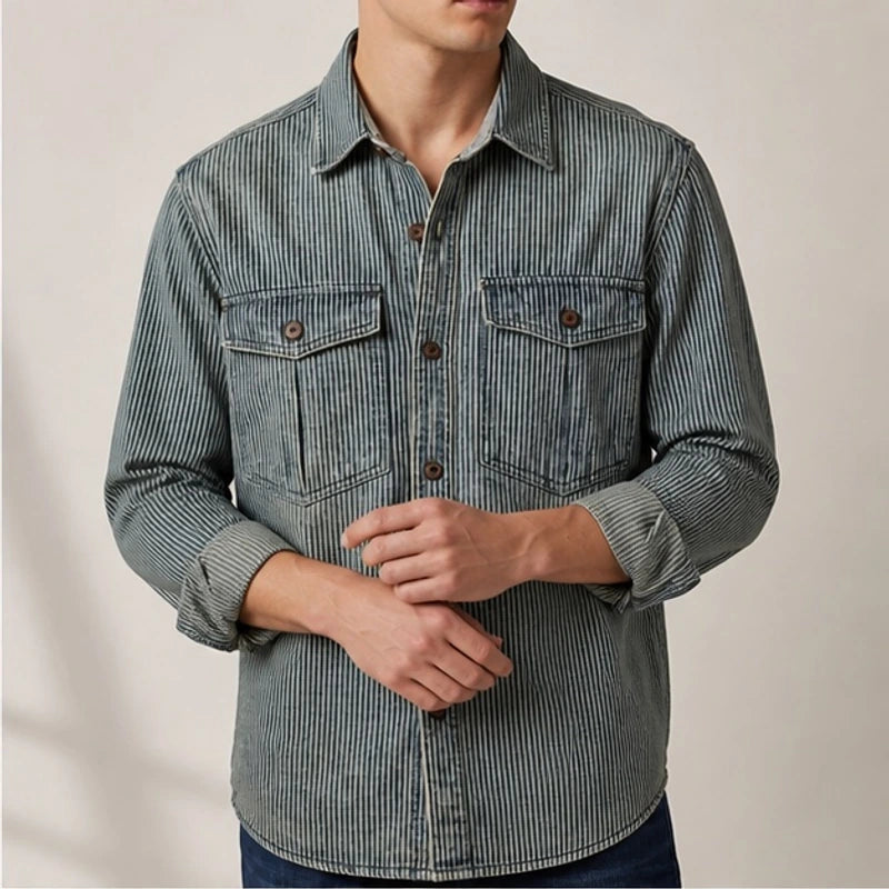 Jensen Striped Vintage Denim Shirt - Dusty Olive - striped shirt - Brondals - Image 4
