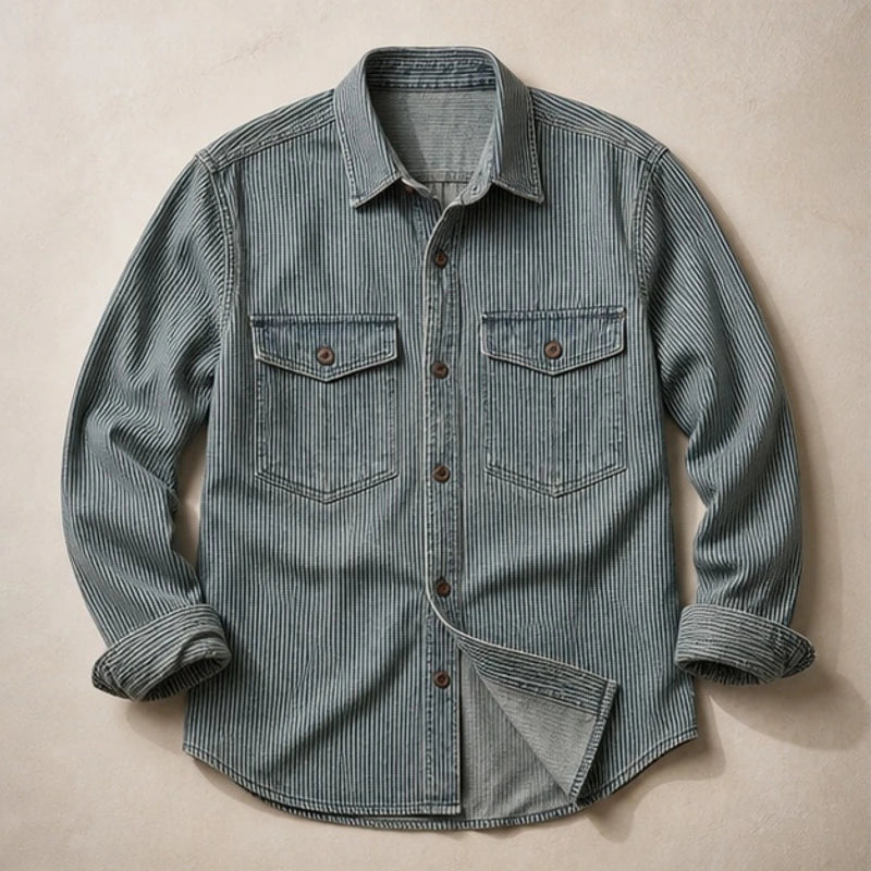 Jensen Striped Vintage Denim Shirt - Dusty Olive - Shirt - Brondals - Image 1