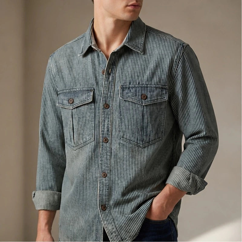 Jensen Striped Vintage Denim Shirt - Dusty Olive - denim shirt - Brondals - Image 3