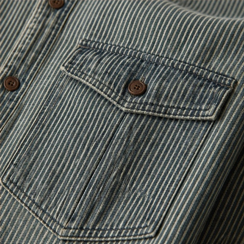 Jensen Striped Vintage Denim Shirt - Dusty Olive - men's shirt - Brondals - Image 2