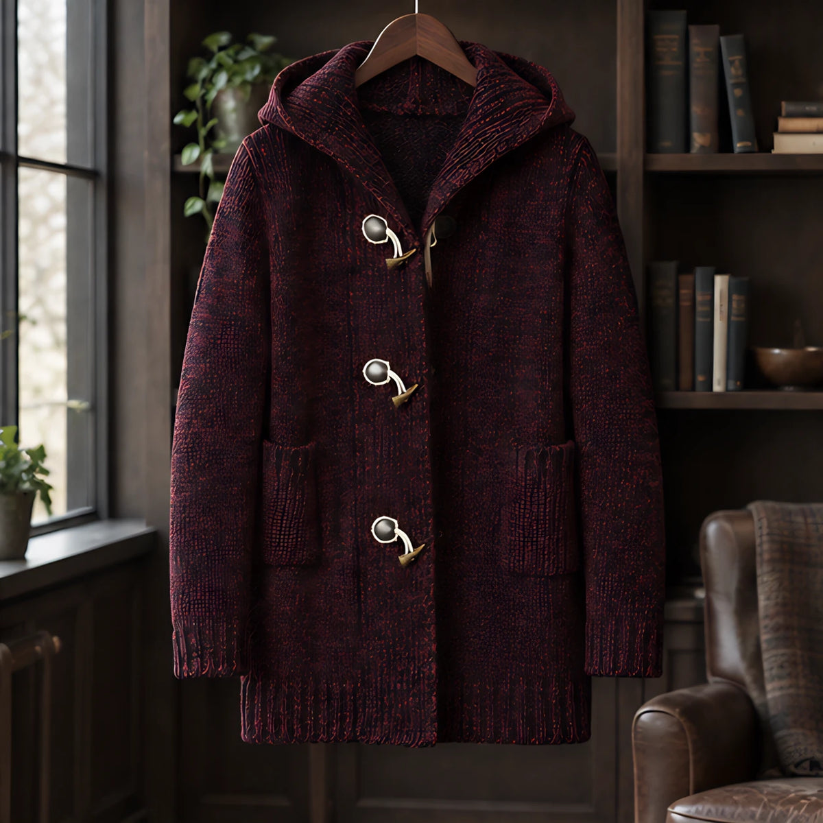 Jethro Men's Thick Wool-Knit Hooded Cardigan - Wine - male - Brondals - Image 3