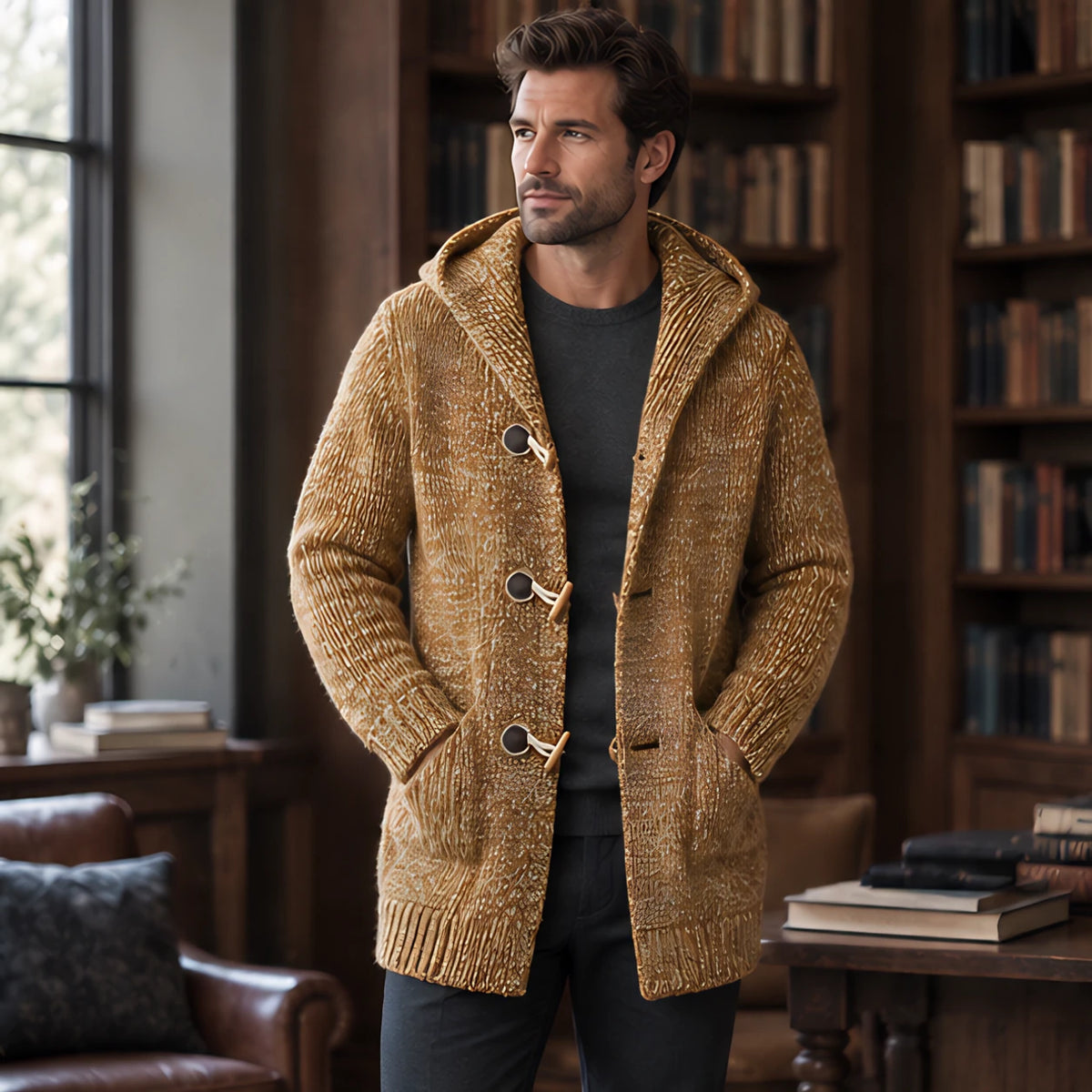 Jethro Men's Thick Wool-Knit Hooded Cardigan - Maple - Men's Clothing > Sweaters & Cardigans > Hooded Cardigans - Brondals - Image 1