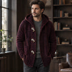 Jethro Men's Thick Wool-Knit Hooded Cardigan - Wine - Men's Clothing > Sweaters & Cardigans > Hooded Cardigans - Brondals - Image 1