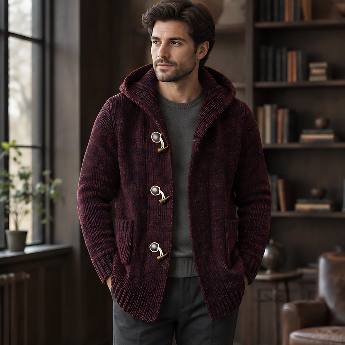 Jethro Men's Thick Wool-Knit Hooded Cardigan - Wine - Men's Clothing > Sweaters & Cardigans > Hooded Cardigans - Brondals - Image 1