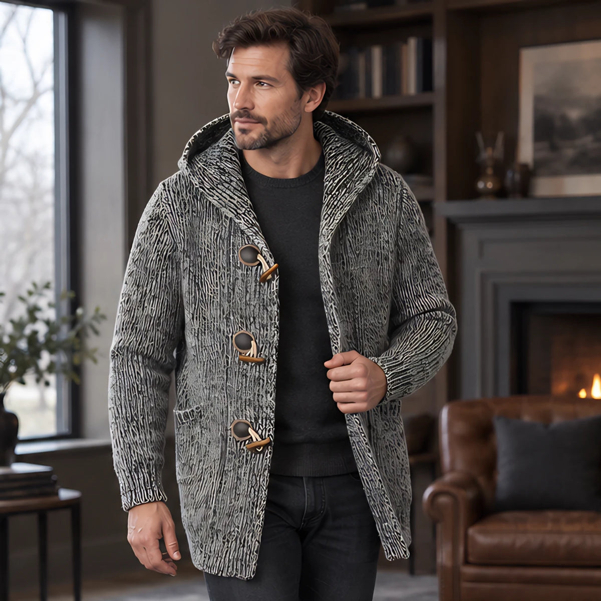 Jethro Men's Thick Wool-Knit Hooded Cardigan - Grey - Men's Clothing > Sweaters & Cardigans > Hooded Cardigans - Brondals - Image 2
