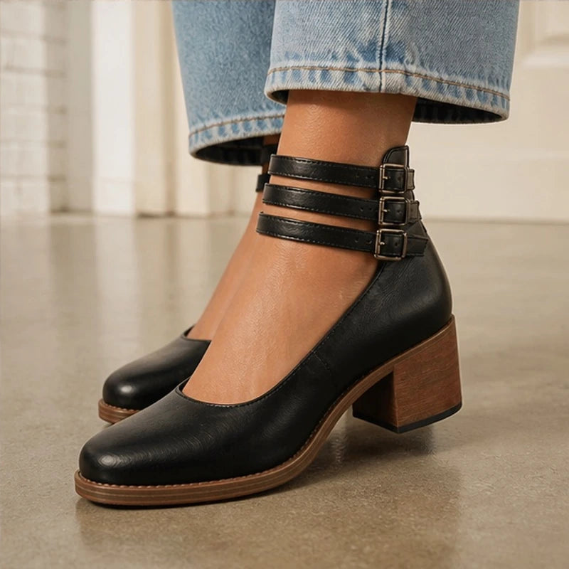 Josephine Stacked-Heel Pumps - Black - adjustable strap heels - Brondals - Image 5