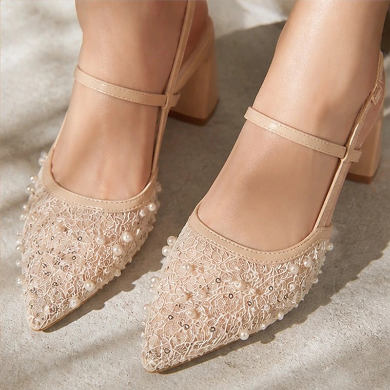 Katarina Pearl Lace Slingback Heels - pearl embellishment - Brondals - Image 5