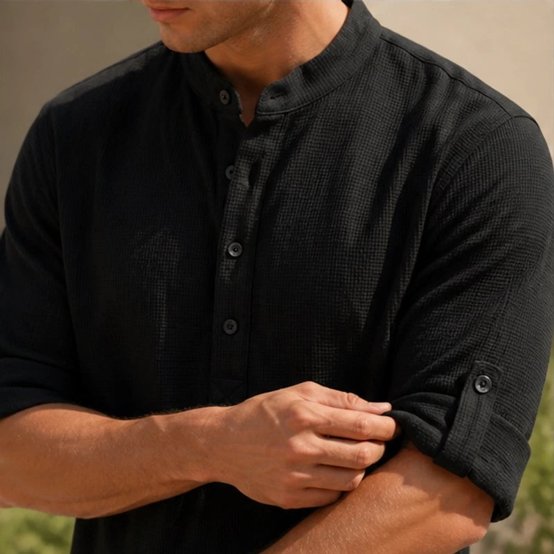 Kendrick Waffle Henley Shirt - Black - men's shirt - Brondals - Image 2