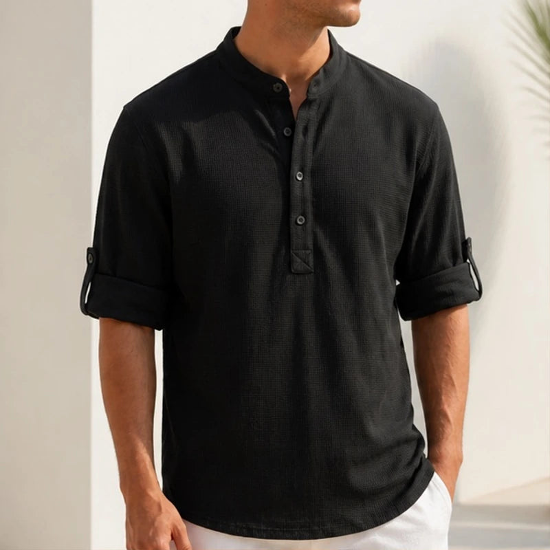 Kendrick Waffle Henley Shirt - Black - Shirt - Brondals - Image 1