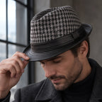 Kenrick Men's Houndstooth Leather Fedora Hat - Black - Accessories > Hats > Fedora Hats - Brondals - Image 2