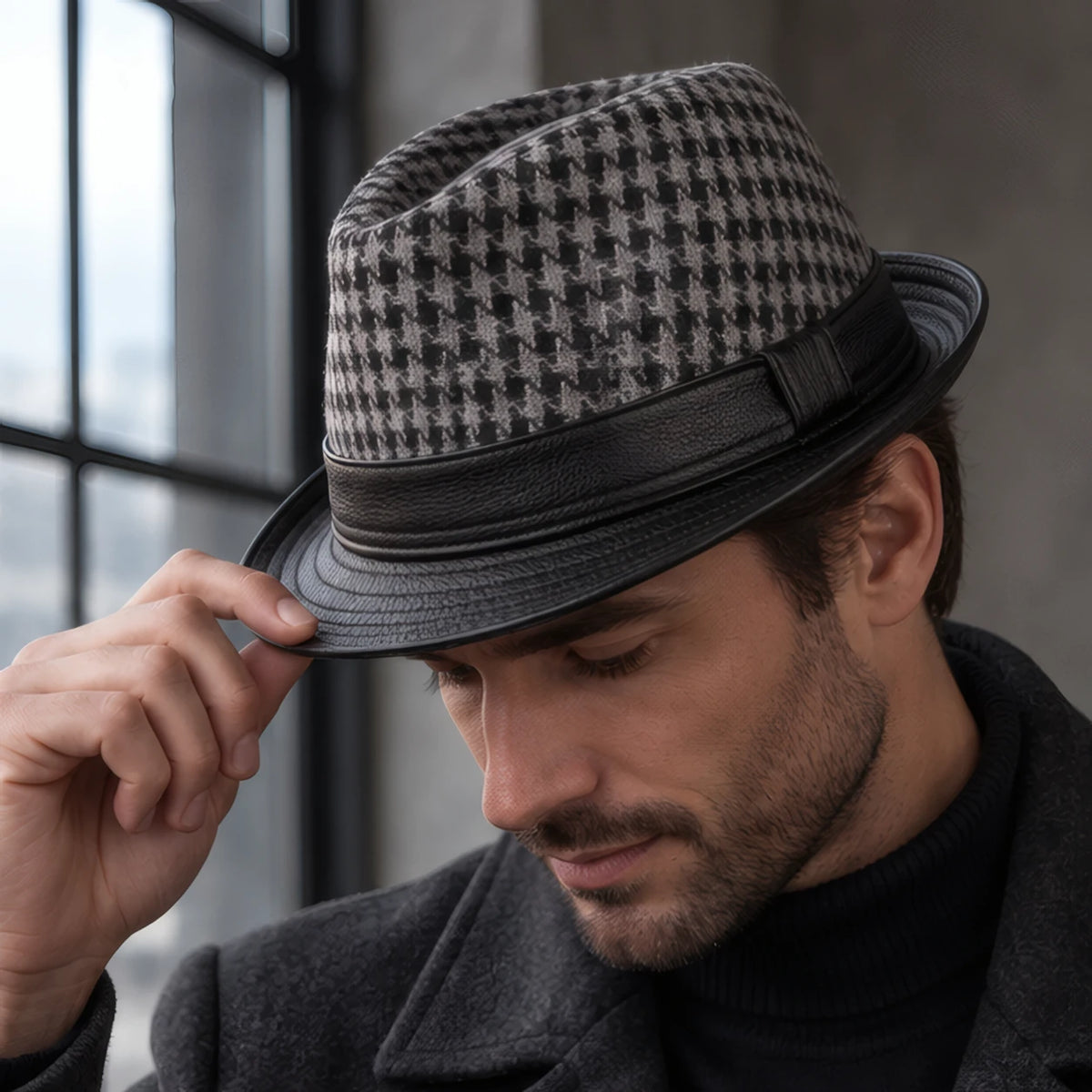 Kenrick Men's Houndstooth Leather Fedora Hat - Black - Accessories > Hats > Fedora Hats - Brondals - Image 2