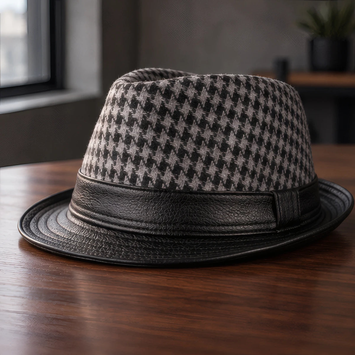 Kenrick Men's Houndstooth Leather Fedora Hat - Black - male - Brondals - Image 3