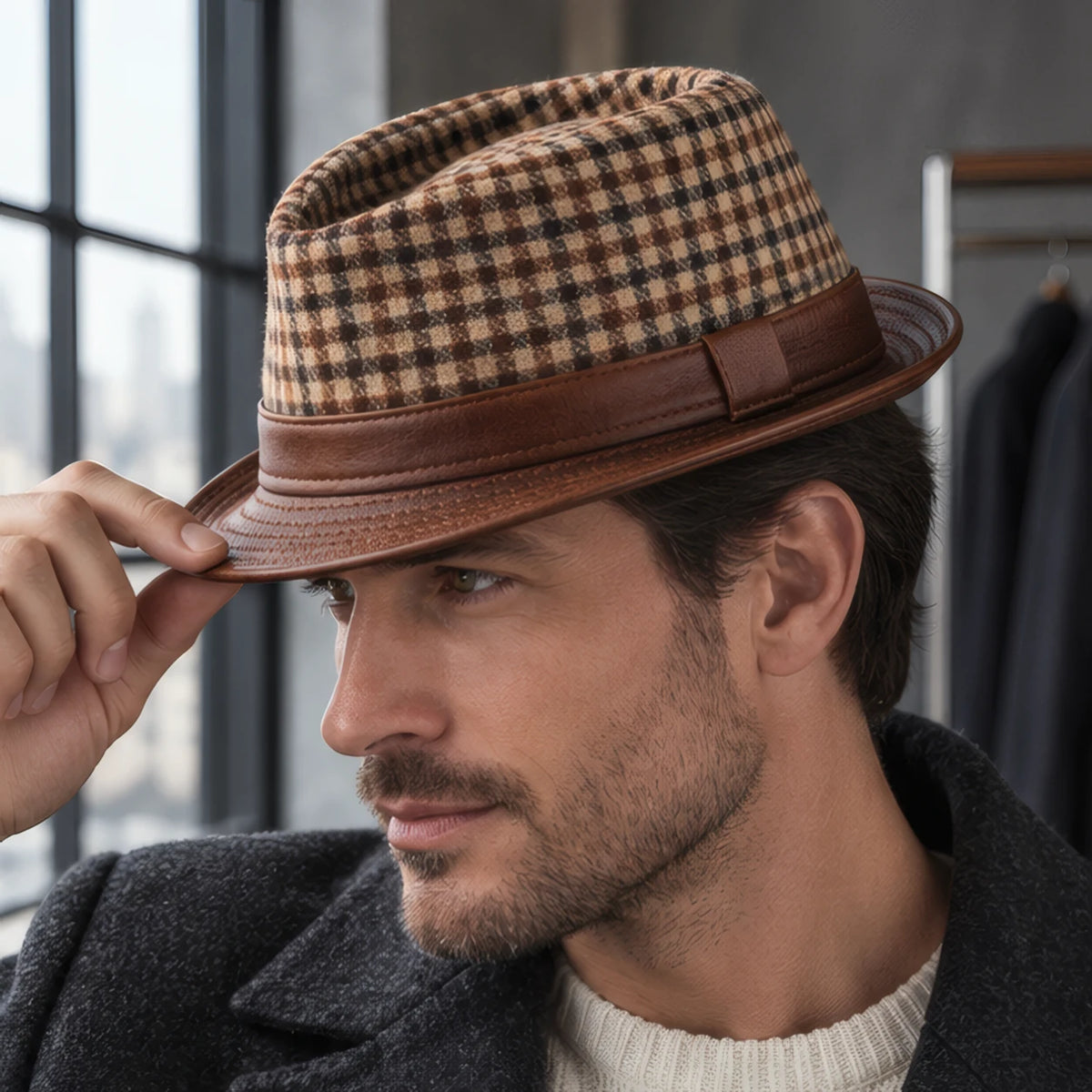 Kenrick Men's Houndstooth Leather Fedora Hat - Brown - Accessories > Hats > Fedora Hats - Brondals - Image 2