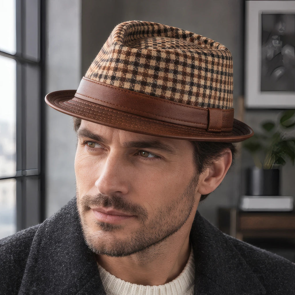 Kenrick Men's Houndstooth Leather Fedora Hat - Brown - Accessories > Hats > Fedora Hats - Brondals - Image 1