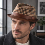 Kenrick Men's Houndstooth Leather Fedora Hat - Brown - Accessories > Hats > Fedora Hats - Brondals - Image 1