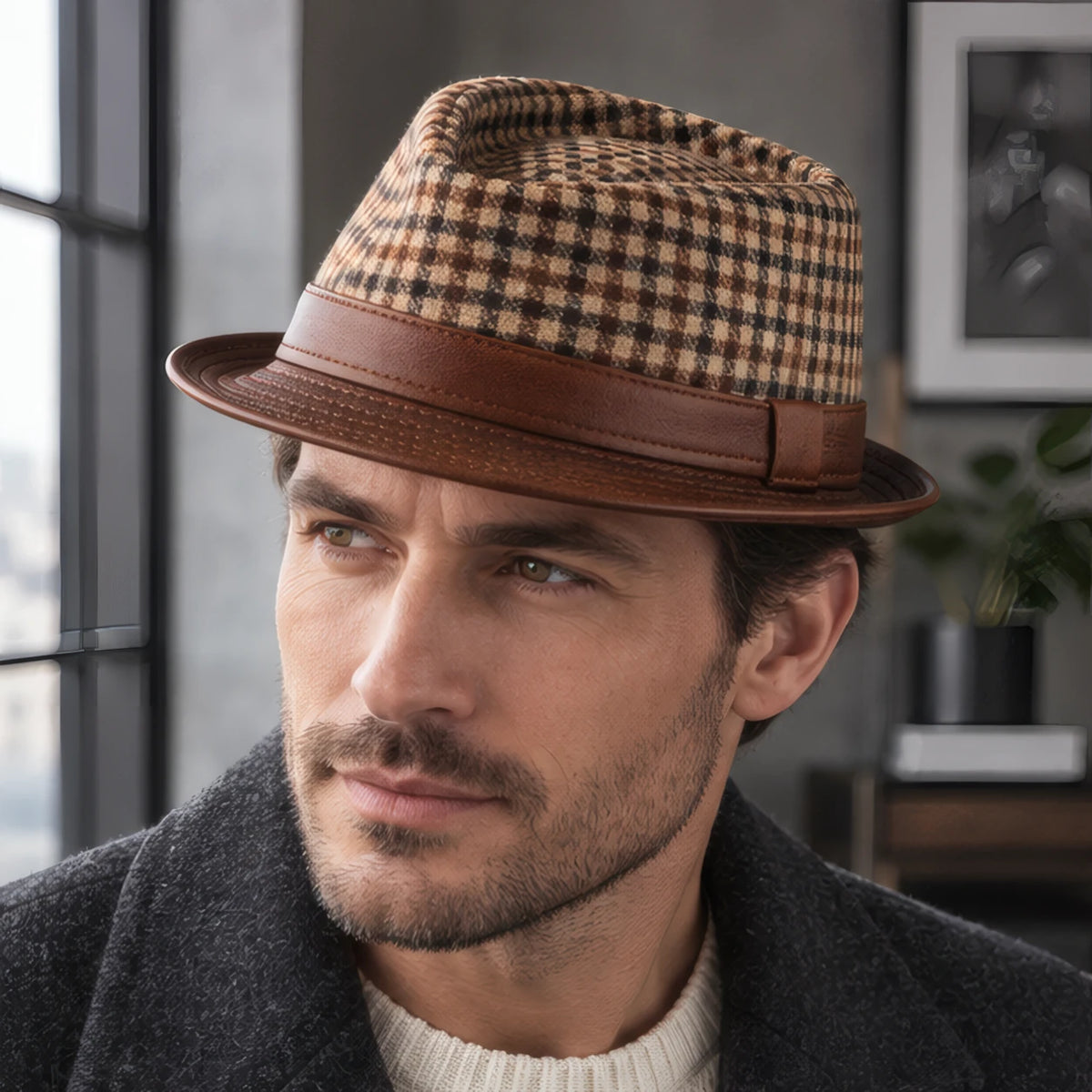 Kenrick Men's Houndstooth Leather Fedora Hat - Brown - Accessories > Hats > Fedora Hats - Brondals - Image 1