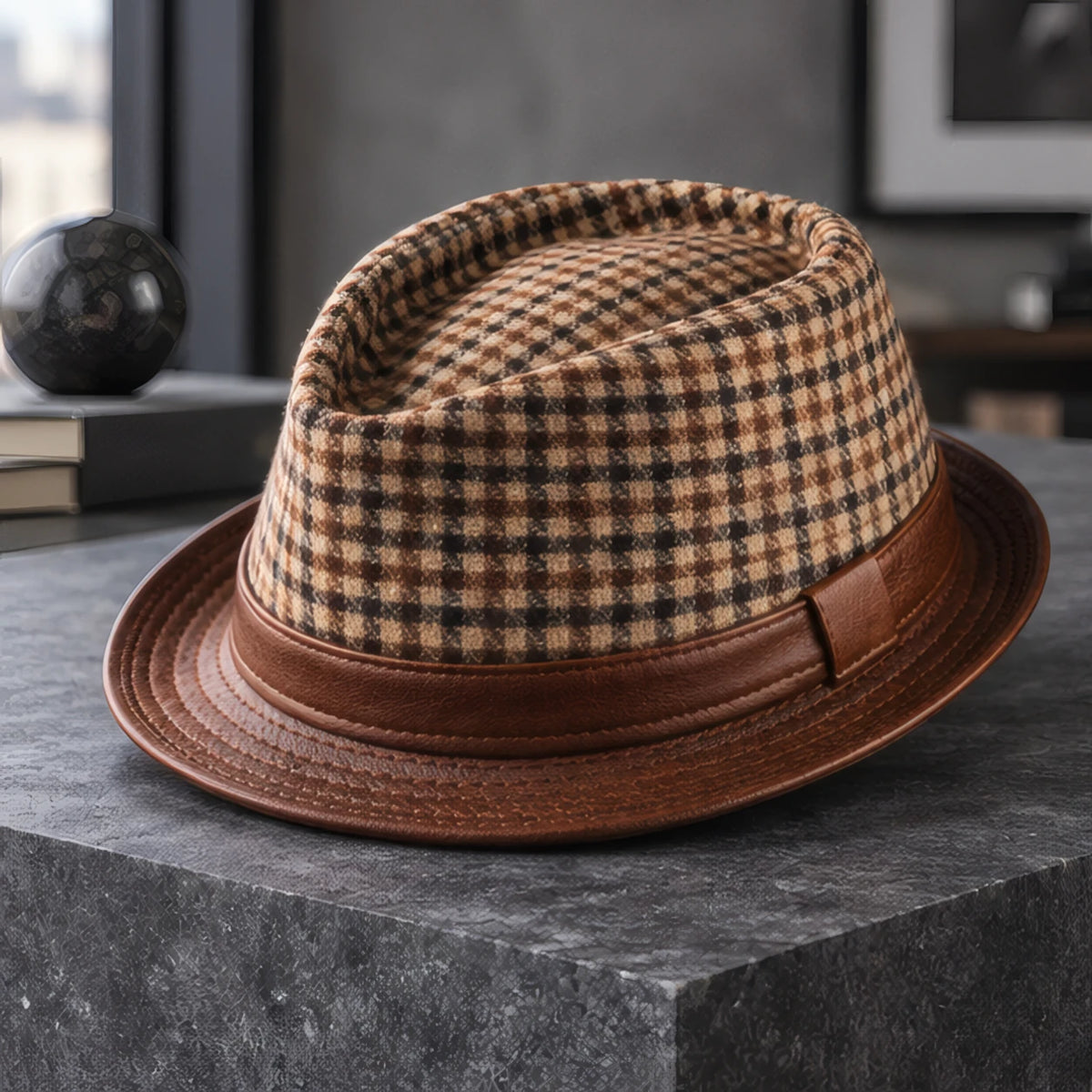 Kenrick Men's Houndstooth Leather Fedora Hat - Brown - male - Brondals - Image 3