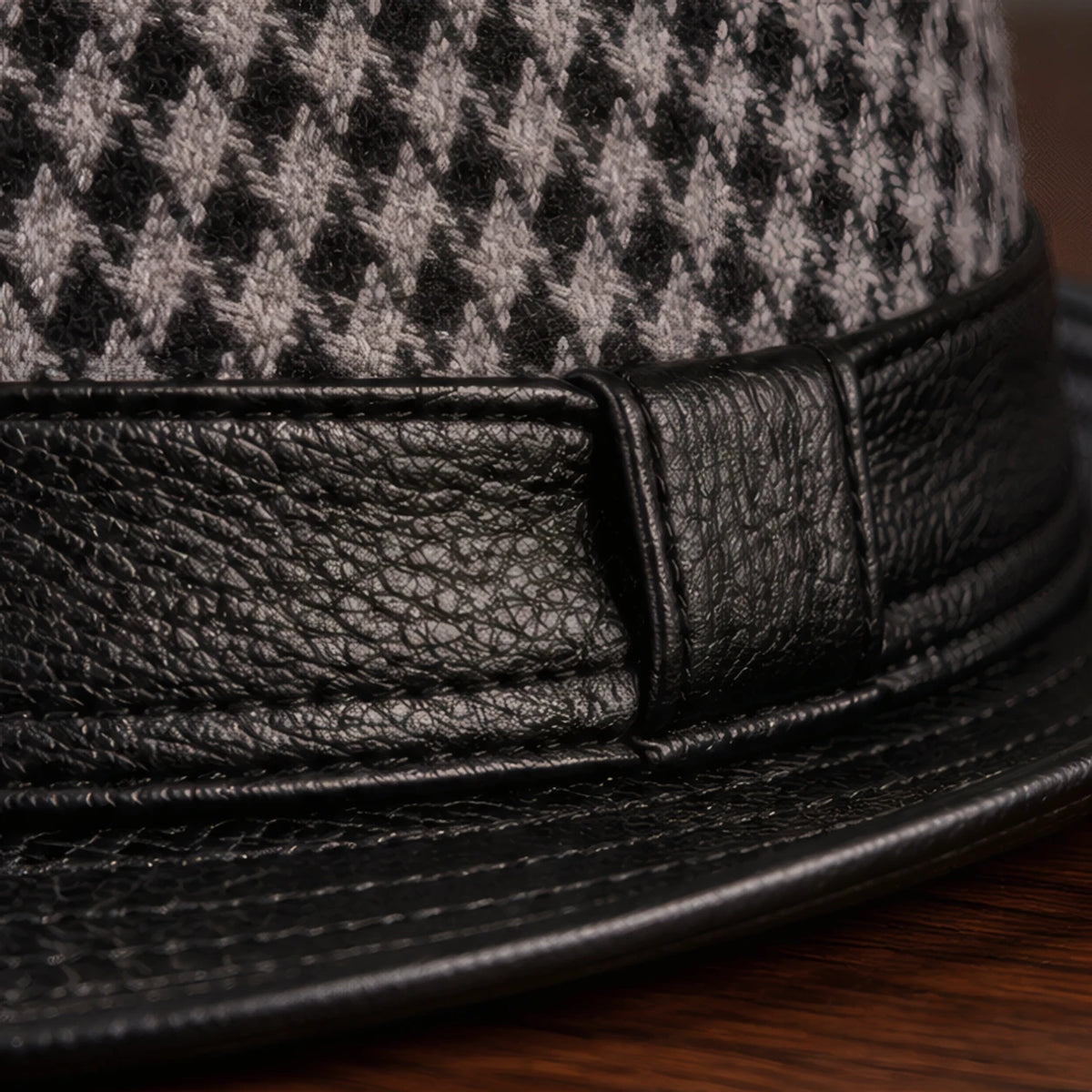 Kenrick Men's Houndstooth Leather Fedora Hat - Black - men's accessories - Brondals - Image 4