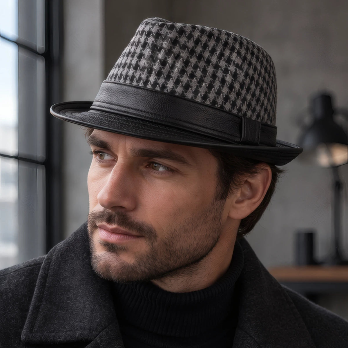 Kenrick Men's Houndstooth Leather Fedora Hat - Black - Accessories > Hats > Fedora Hats - Brondals - Image 1