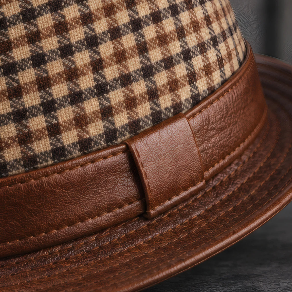 Kenrick Men's Houndstooth Leather Fedora Hat - Brown - men's accessories - Brondals - Image 4