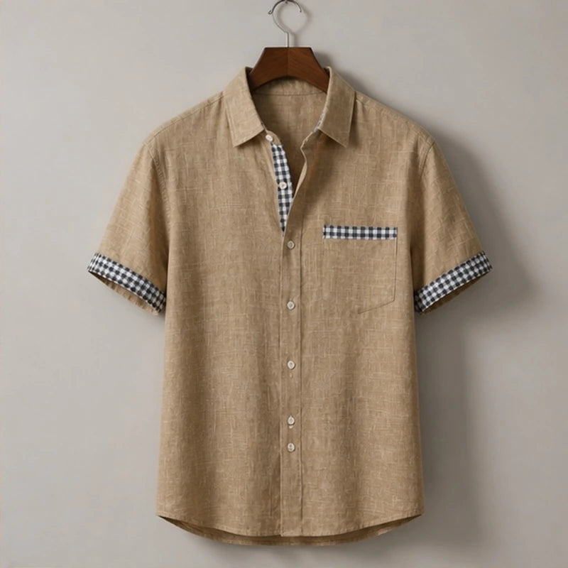 Lachlan Contrast Trim Linen Shirt - Khaki - Shirt - Brondals - Image 1