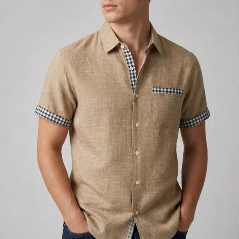 Lachlan Contrast Trim Linen Shirt - Khaki - men's shirt - Brondals - Image 2