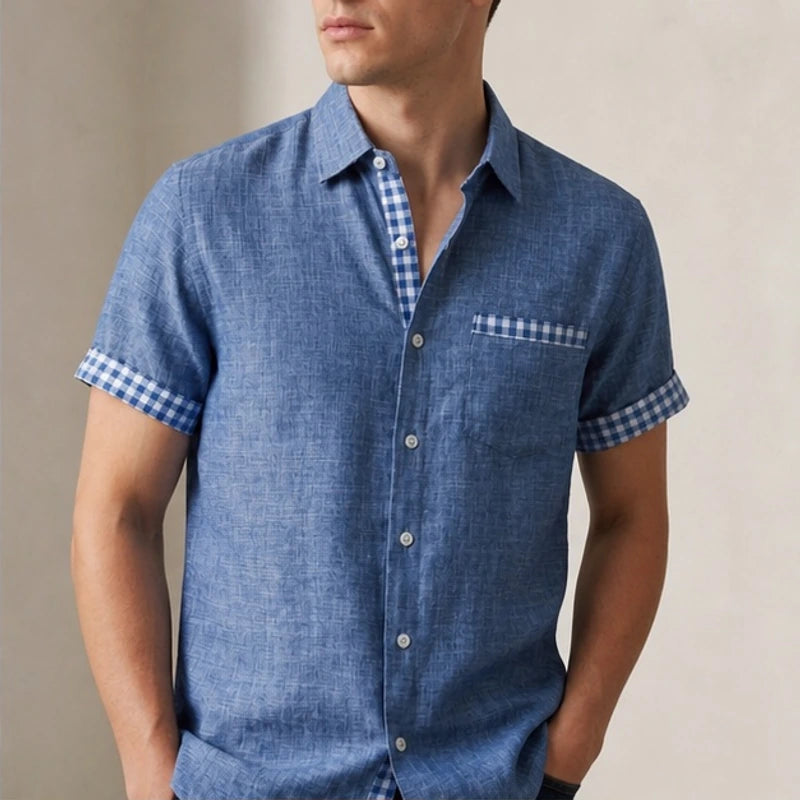 Lachlan Contrast Trim Linen Shirt - Chambray Blue - men's shirt - Brondals - Image 2