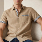 Lachlan Contrast Trim Linen Shirt - Khaki - linen shirt - Brondals - Image 3