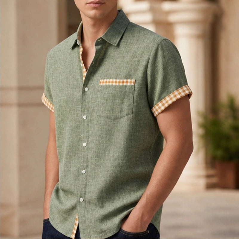 Lachlan Contrast Trim Linen Shirt - Sage Green - men's shirt - Brondals - Image 2
