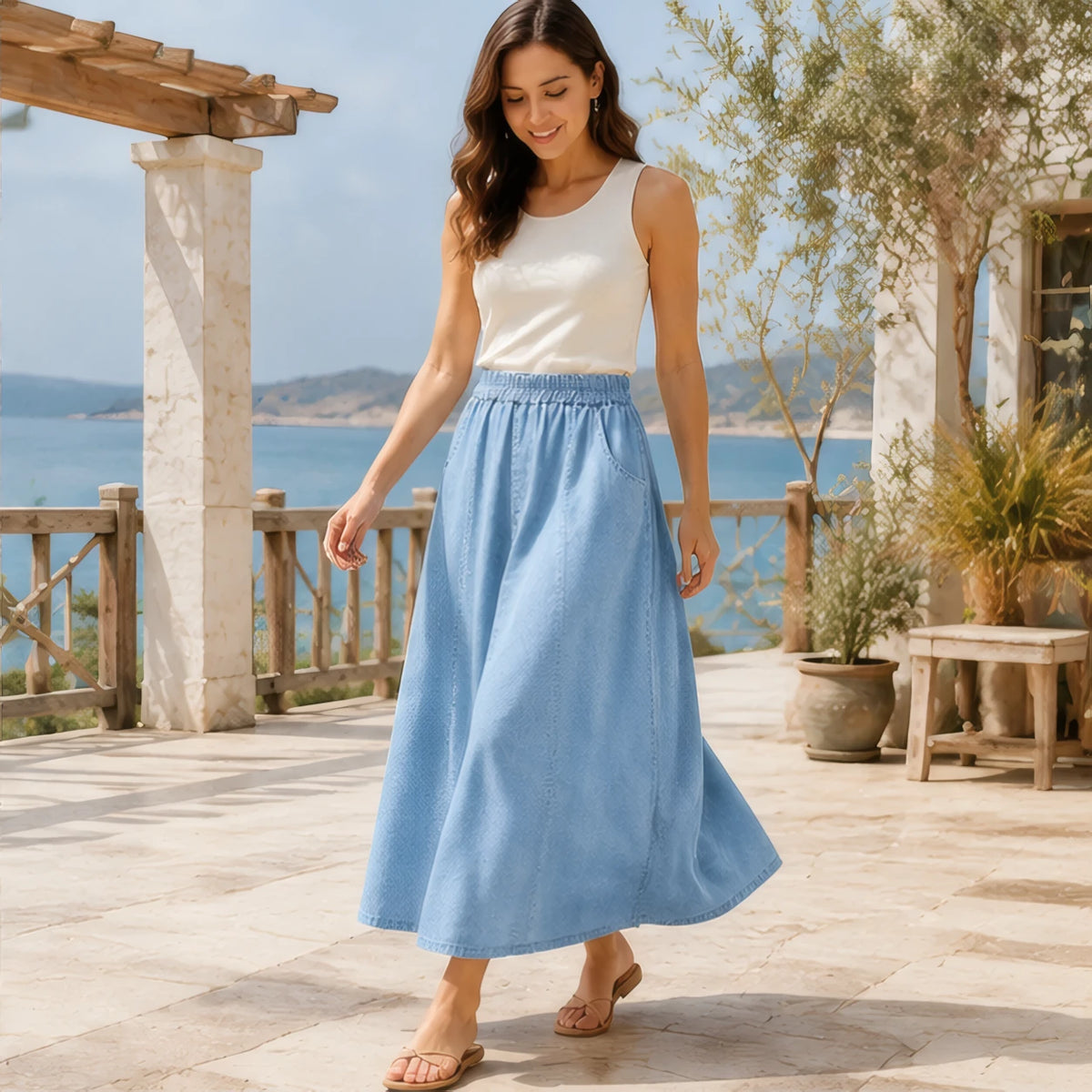 Lavinia Flowing Midi Skirt - Light Blue - Catalog Group: Clothing - Brondals - Image 2