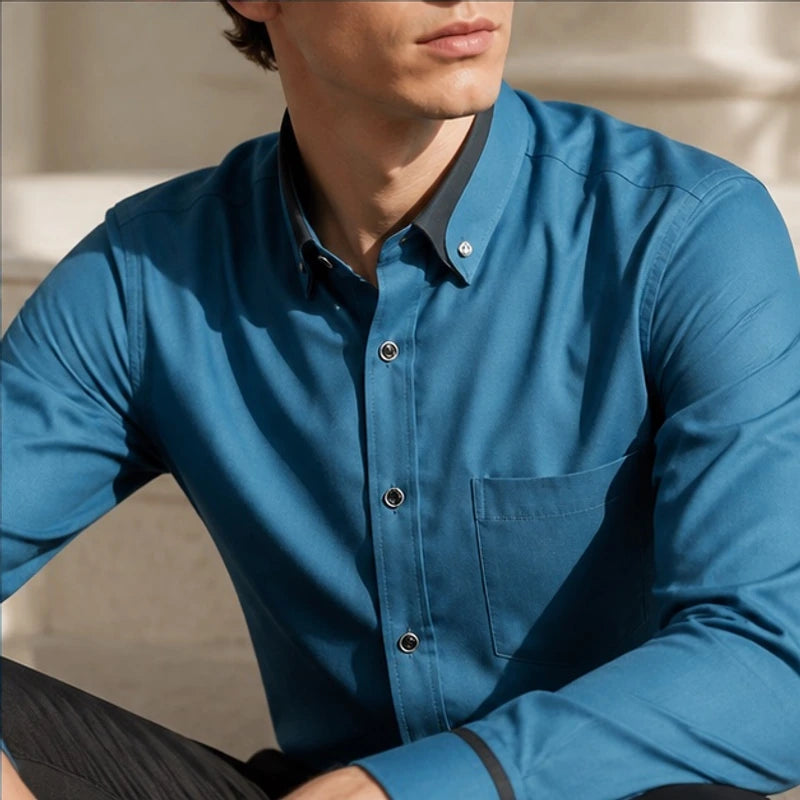 Leighton Contrast Collar Dress Shirt - Steel Blue - men's shirt - Brondals - Image 2