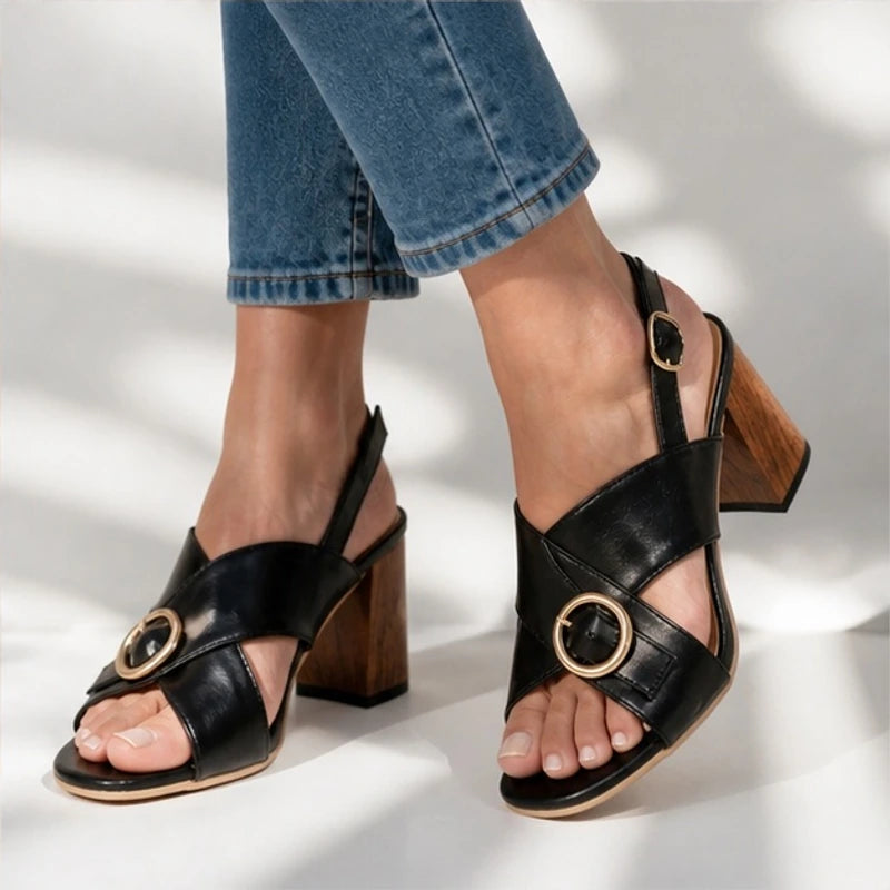 Leticia Ring Buckle Slingback Heels - Black - block heels - Brondals - Image 4