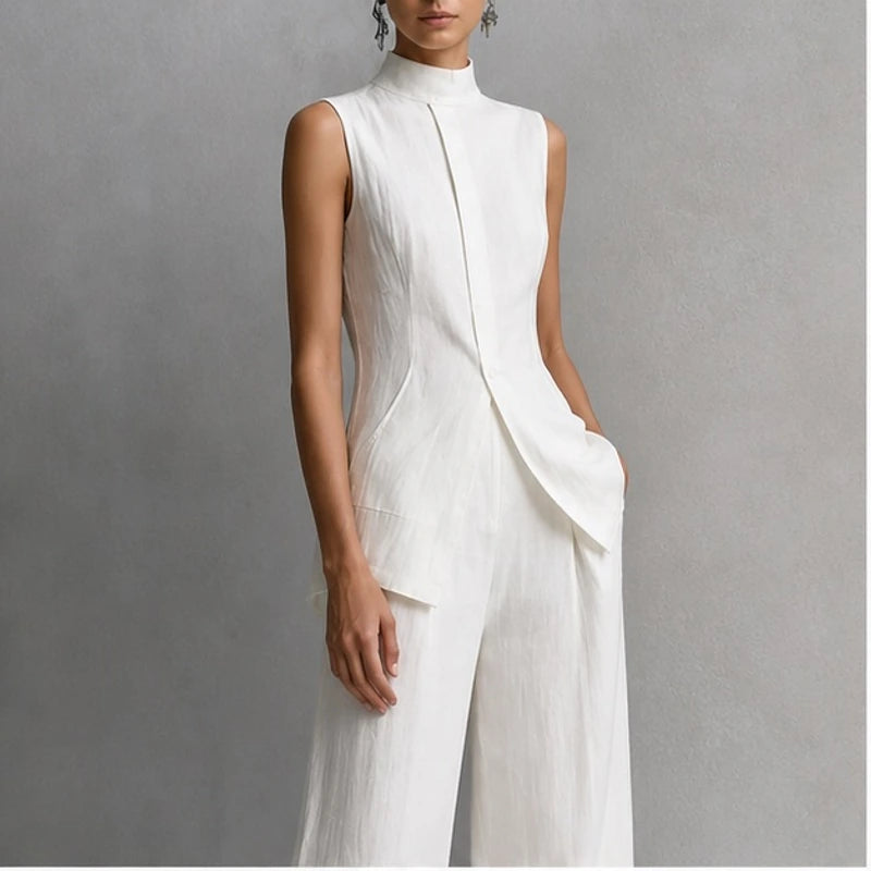 Linnea Sleeveless Linen Pant Set - White - Women's Clothing > Clothing Sets > Top & Pants Sets - Brondals - Image 1