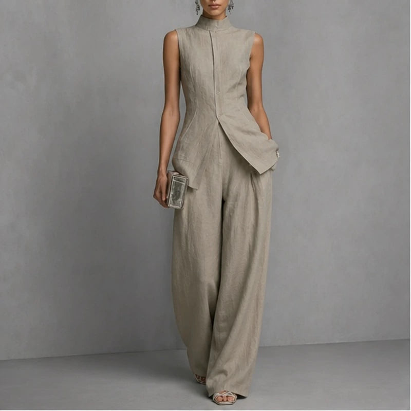 Linnea Sleeveless Linen Pant Set - Beige - Women's Clothing > Clothing Sets > Top & Pants Sets - Brondals - Image 1