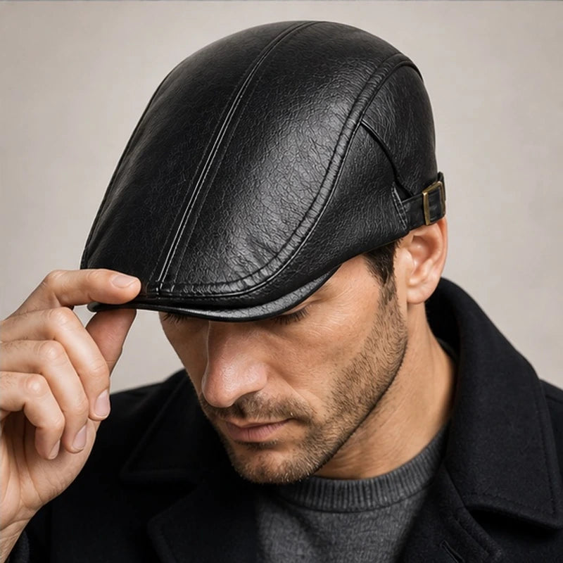 Lowell Leather Snap-Brim Cap - Black - leather cap - Brondals - Image 2